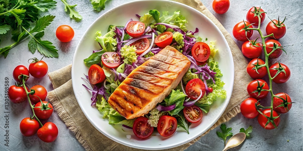 Delicious Salmon Salad with Tomatoes & Peking Cabbage - Top View Delicious Salmon Salad with Tomatoes & Peking Cabbage - Top View