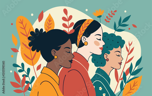 A diverse group of females portrayed with flowers in a paper cut-out style SVG . International Women's AI, Day, EPS, PNG, JPEG File.
