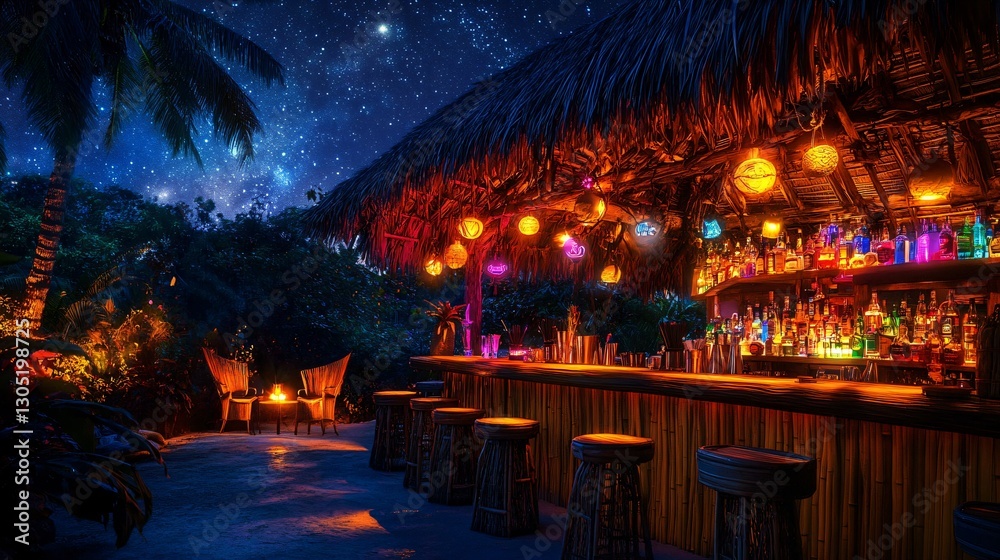 Fototapeta premium Tropical Tiki Bar Under the Stars at Night
