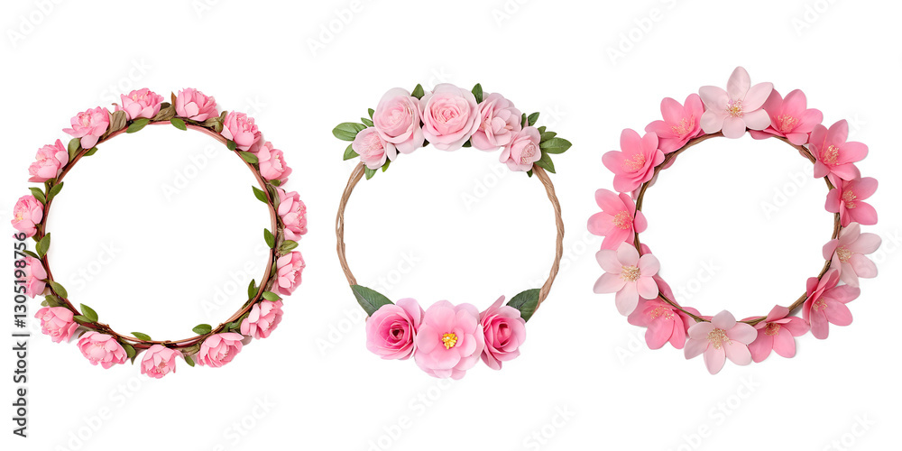 Three Different Flower Crown Glory Close-Up Images on Pink, Elegant and Beautiful Accessory, PNG Transparent Three Different Flower Crown Glory Close-Up Images on Pink, Elegant and Beautiful Accessory, PNG Transparent