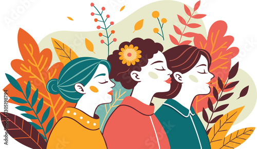 A diverse group of females portrayed with flowers in a paper cut-out style SVG . International Women's AI, Day, EPS, PNG, JPEG File.