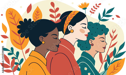 A diverse group of females portrayed with flowers in a paper cut-out style SVG . International Women's AI, Day, EPS, PNG, JPEG File.
