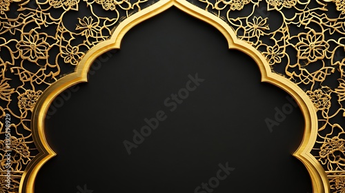 An Islamic arch frame with gold floral pattern and black background