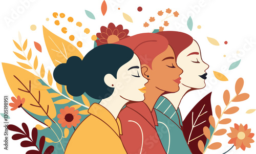 A diverse group of females portrayed with flowers in a paper cut-out style SVG . International Women's AI, Day, EPS, PNG, JPEG File.