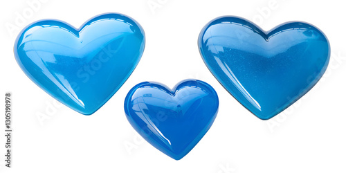 Three Varieties of Blue Glossy Shiny Hearts on White, Stylish and Elegant Designs, PNG Transparent