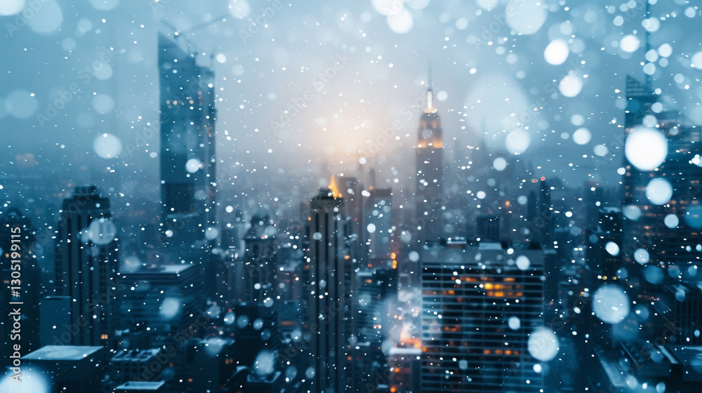 Fototapeta premium A bustling city skyline draped in a serene snowfall at dusk.