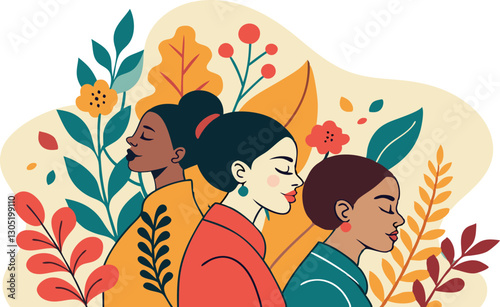 A diverse group of females portrayed with flowers in a paper cut-out style SVG . International Women's AI, Day, EPS, PNG, JPEG File.