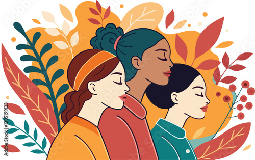 A diverse group of females portrayed with flowers in a paper cut-out style SVG . International Women's AI, Day, EPS, PNG, JPEG File.