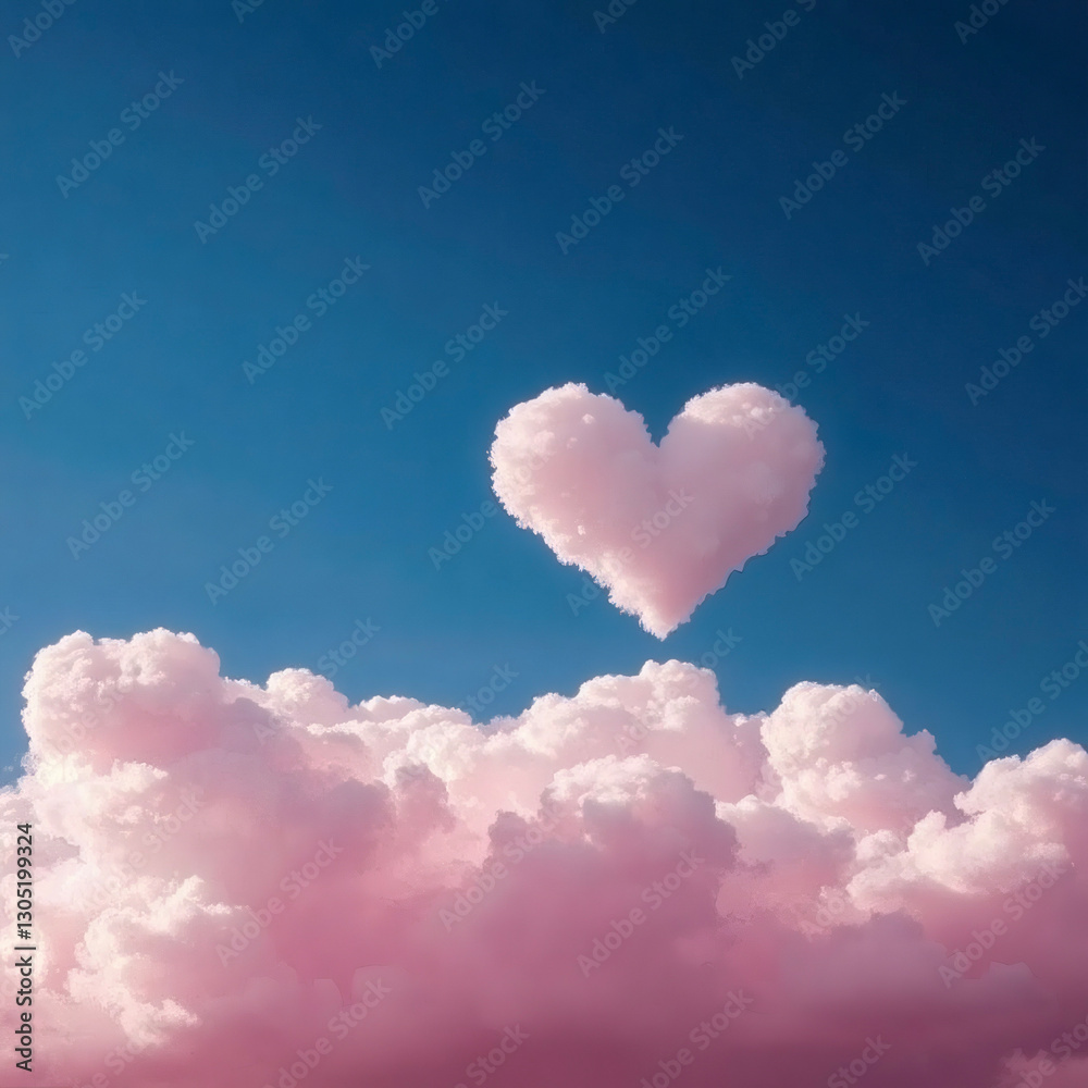 Heart-shaped cloud floats above fluffy pink clouds in a clear blue sky. Heart-shaped cloud floats above fluffy pink clouds in a clear blue sky.