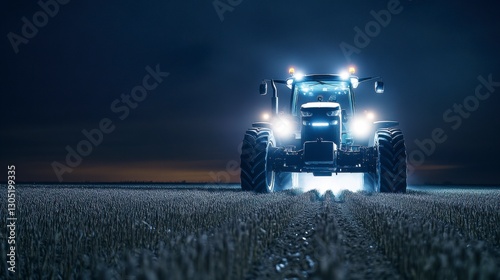 Powerful Tractor Illuminating Open Field Under Starry Night Sky