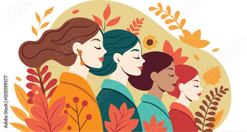 A diverse group of females portrayed with flowers in a paper cut-out style SVG . International Women's AI, Day, EPS, PNG, JPEG File.