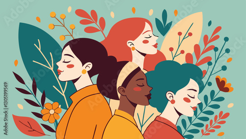 A diverse group of females portrayed with flowers in a paper cut-out style SVG . International Women's AI, Day, EPS, PNG, JPEG File.
