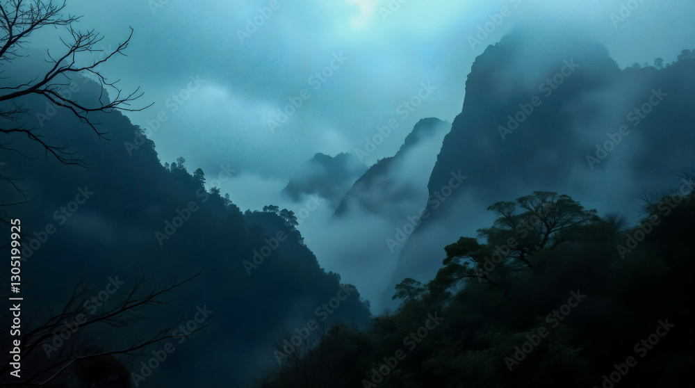 Fototapeta premium Misty mountain landscape at dawn with dense fog and towering peaks. 