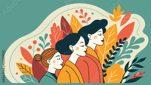 A diverse group of females portrayed with flowers in a paper cut-out style SVG . International Women's AI, Day, EPS, PNG, JPEG File.