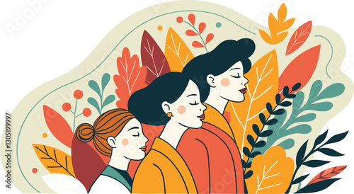 A diverse group of females portrayed with flowers in a paper cut-out style SVG . International Women's AI, Day, EPS, PNG, JPEG File.