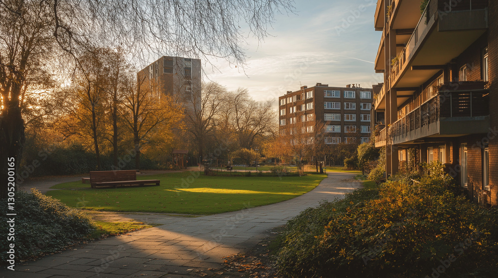 Golden hour sunlight bathes a tranquil park, nestled between apartment buildings. Autumn leaves add warmth. Golden hour sunlight bathes a tranquil park, nestled between apartment buildings. Autumn leaves add warmth.
