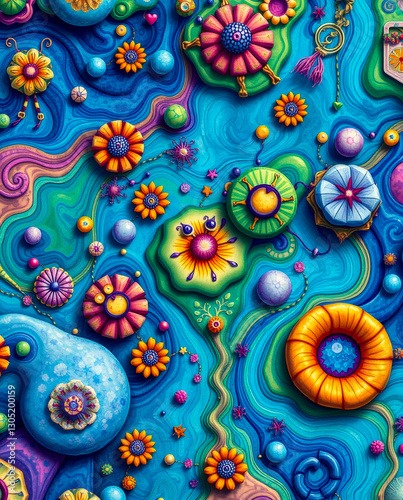 Colorful abstract art featuring flowers and swirling patterns with vibrant shades and intricate details. 