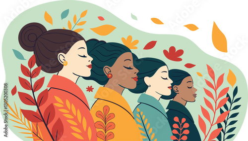 A diverse group of females portrayed with flowers in a paper cut-out style SVG . International Women's AI, Day, EPS, PNG, JPEG File.