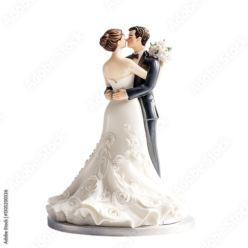 Bride and groom figurine kissing, romantic cake decoration for weddings.