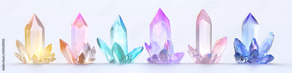 A row of colorful crystals are displayed on a white surface A row of colorful crystals are displayed on a white surface