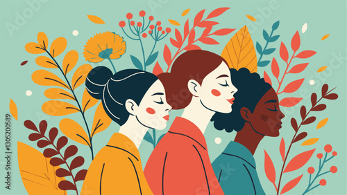 A diverse group of females portrayed with flowers in a paper cut-out style SVG . International Women's AI, Day, EPS, PNG, JPEG File.