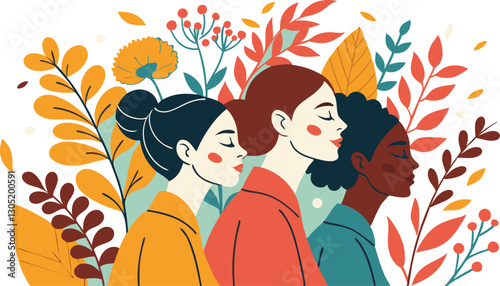 A diverse group of females portrayed with flowers in a paper cut-out style SVG . International Women's AI, Day, EPS, PNG, JPEG File.