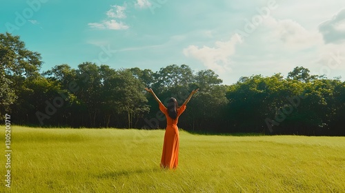 Carefree woman with arms raised silhouetted against a vast picturesque landscape of a lush green meadow and vibrant trees  She appears joyful liberated and in a state of serene tranquility
