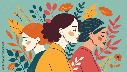 A diverse group of females portrayed with flowers in a paper cut-out style SVG . International Women's AI, Day, EPS, PNG, JPEG File.