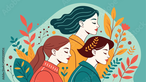 A diverse group of females portrayed with flowers in a paper cut-out style SVG . International Women's AI, Day, EPS, PNG, JPEG File.