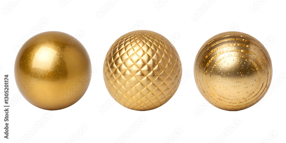 Fototapeta premium Three Different Styles of Metallic Gold Ball on White, Elegant and Shiny Decoration, PNG Transparent
