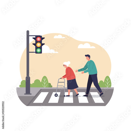 Helping Older Woman Cross Street with Walker at Crosswalk Safely