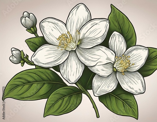 a modern drawing of jasmine featuring an isolated hand drawn engraving style