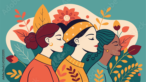 A diverse group of females portrayed with flowers in a paper cut-out style SVG . International Women's AI, Day, EPS, PNG, JPEG File.