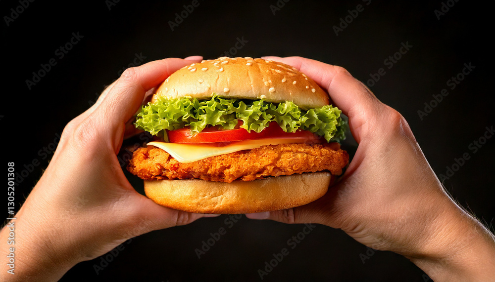 hands holding a chicken burger
