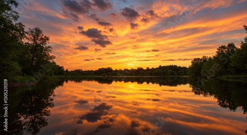 Golden Reflections: A breathtaking sunset paints the sky with vibrant hues of orange, gold, and red, mirrored in the tranquil waters of a calm lake, creating a stunning spectacle of natural beauty.