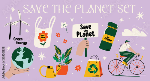 Save the planet vector sticker elements set for World Earth, Environment day, sustainability design concept. Collection of ecological, green objects groovy funky cartoon illustration
