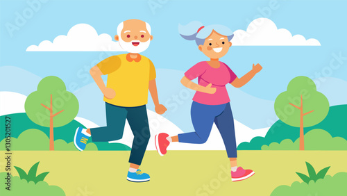 Two seniors with matching running shoes laughing and chatting as they jog through a vibrant park.. Vector illustration