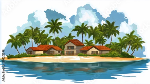 Tropical Island Resort With Palm Trees and Beach Cottages Surrounded by Cryst...