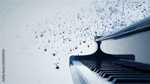 Close-up view of a portion of a grand piano's keyboard and body.  The image features a stylized representation of musical notes rendered as small, dark shapes, appearing to emanate from and float
