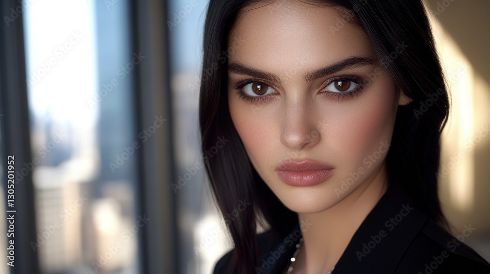 custom made wallpaper toronto digitalClose up portrait of a young woman with dark hair and freckles, wearing a black blazer. Soft lighting, city backdrop.