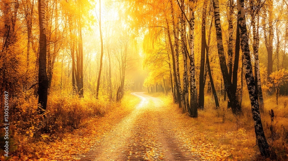 Obraz premium Scenic view of a winding dirt path through a picturesque autumn forest filled with vibrant golden and orange foliage and bathed in warm gentle sunlight Tranquil and serene natural landscape