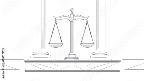 A monochrome line art illustration depicting a set of scales of justice situated on a platform between two columns. The image is minimalist, using only shades of grey and clean lines. The scales