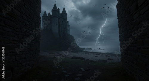 Medieval gothic castle silhouette during thunderstorm at night with lightning strike and flying birds. Dark fantasy landscape for horror story concept and game background design photo