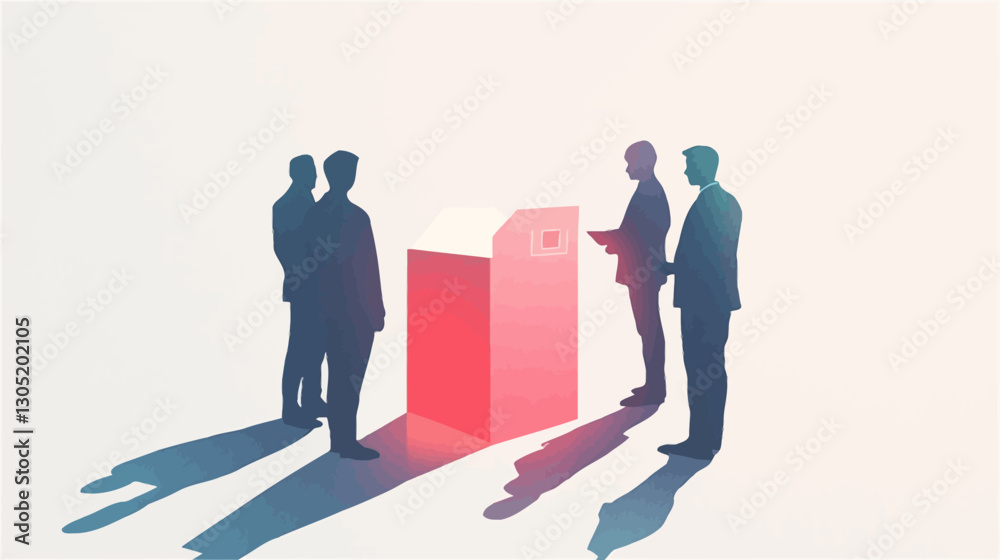 Fototapeta premium The image is a minimalist illustration featuring five male silhouettes positioned around a stylized, three-dimensional, red bar graph-like structure. The figures are depicted from the knees up,