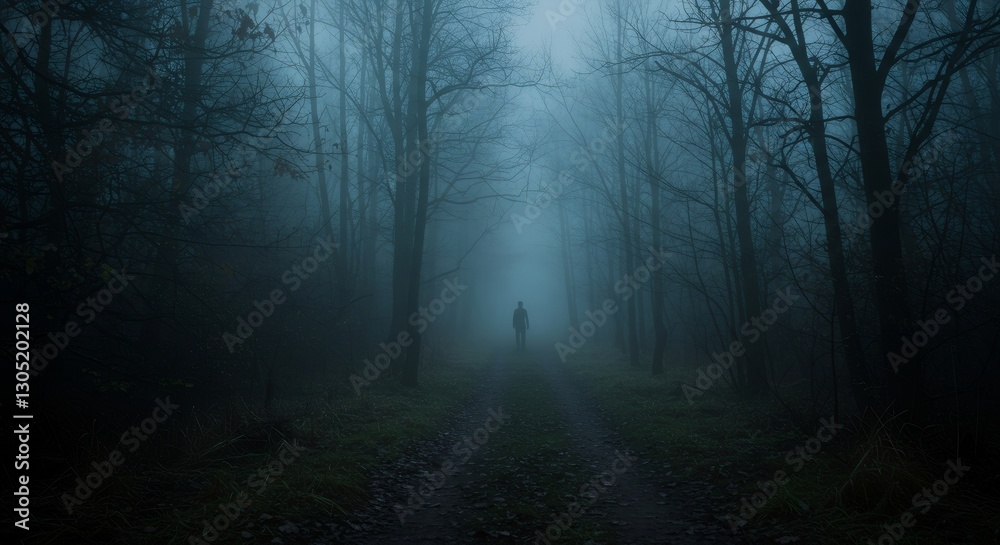 Fototapeta premium Man silhouette in dark misty forest at night. Mysterious foggy woodland path in autumn. Horror and spooky halloween concept. Moody nature landscape with copy space