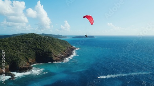 A parasailer soaring above the blue ocean