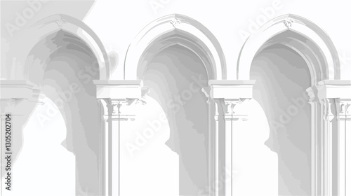 Close-up view of three identical pointed arches supported by columns or pillars. The image is monochromatic, featuring various shades of white with subtle shadows suggesting depth and light source.