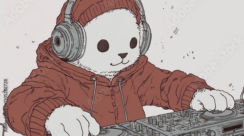 A cartoon white bear wearing headphones mixing music on decks