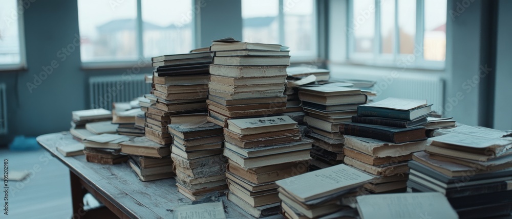 Stacks of worn books fill a sunlit room, telling stories of knowledge, history, and quiet contemplation. Stacks of worn books fill a sunlit room, telling stories of knowledge, history, and quiet contemplation.