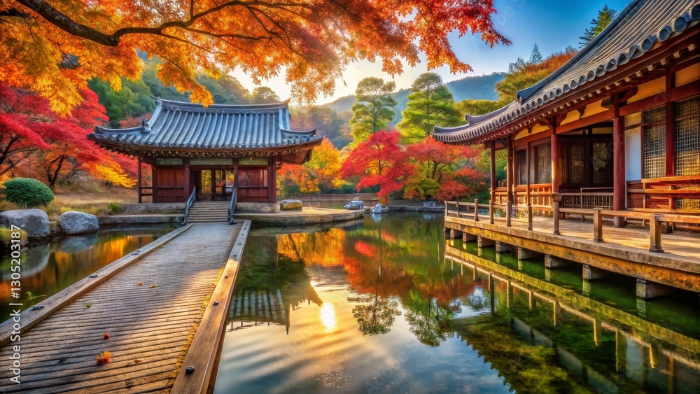 Serene Autumnal Garden with Wooden Bridge Reflecting in Calm Water and Traditional Structures Serene Autumnal Garden with Wooden Bridge Reflecting in Calm Water and Traditional Structures